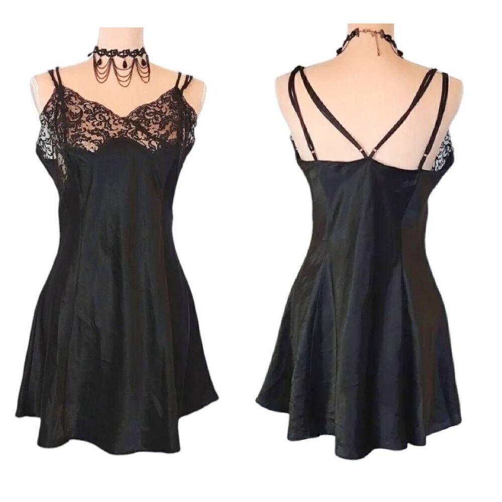 Victoria's Secret VTG 90s Black Satin Strappy Lace Top Mini Slip Dress Large - Picture 7 of 15